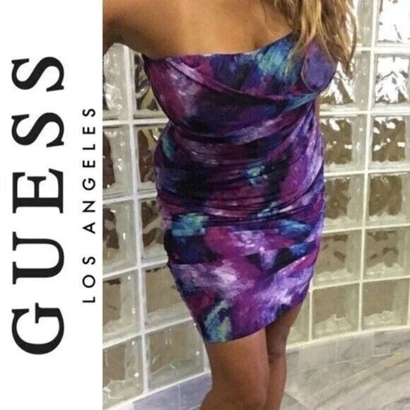 Guess Los Angeles Purple/Blue Abstract Ruched Strapless Cocktail Party Dress 8 - Picture 2 of 10